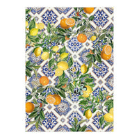 Blue Mediterranean tiles, lemons and oranges fruit (Print Only)