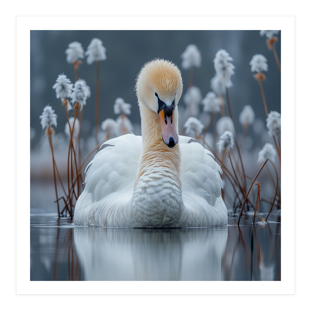 Swan Floating Serene On Calm Water (Print Only)