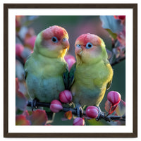 Two Lovebirds On A Branch Surrounded By Berries