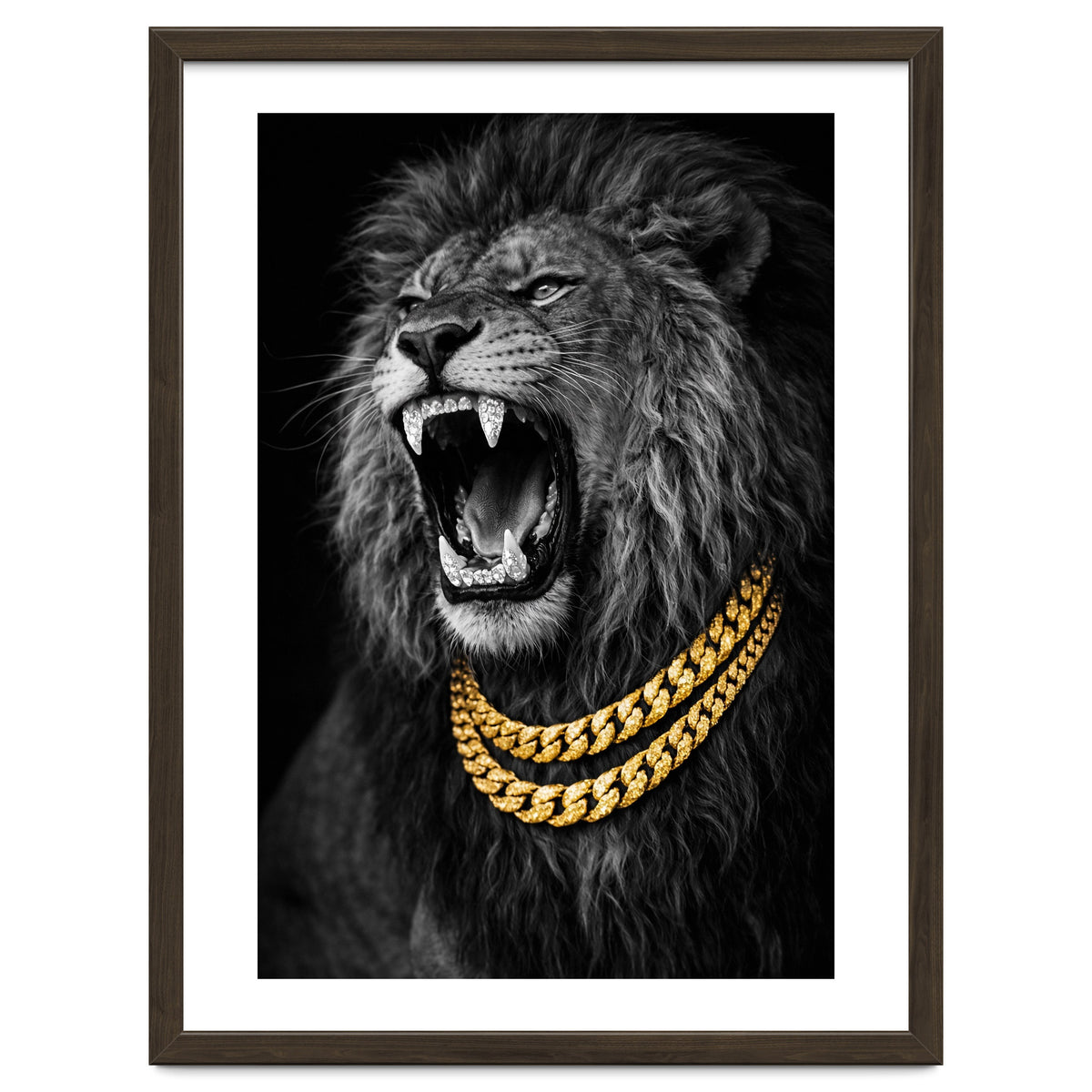 Bejweled hyper-realistic lion photography,diamond fangs portrait