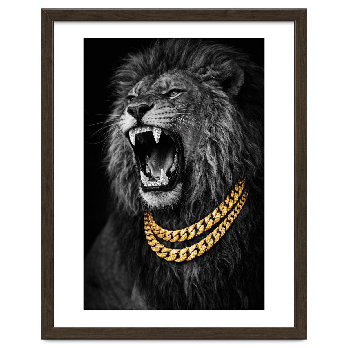 Bejweled hyper-realistic lion photography,diamond fangs portrait