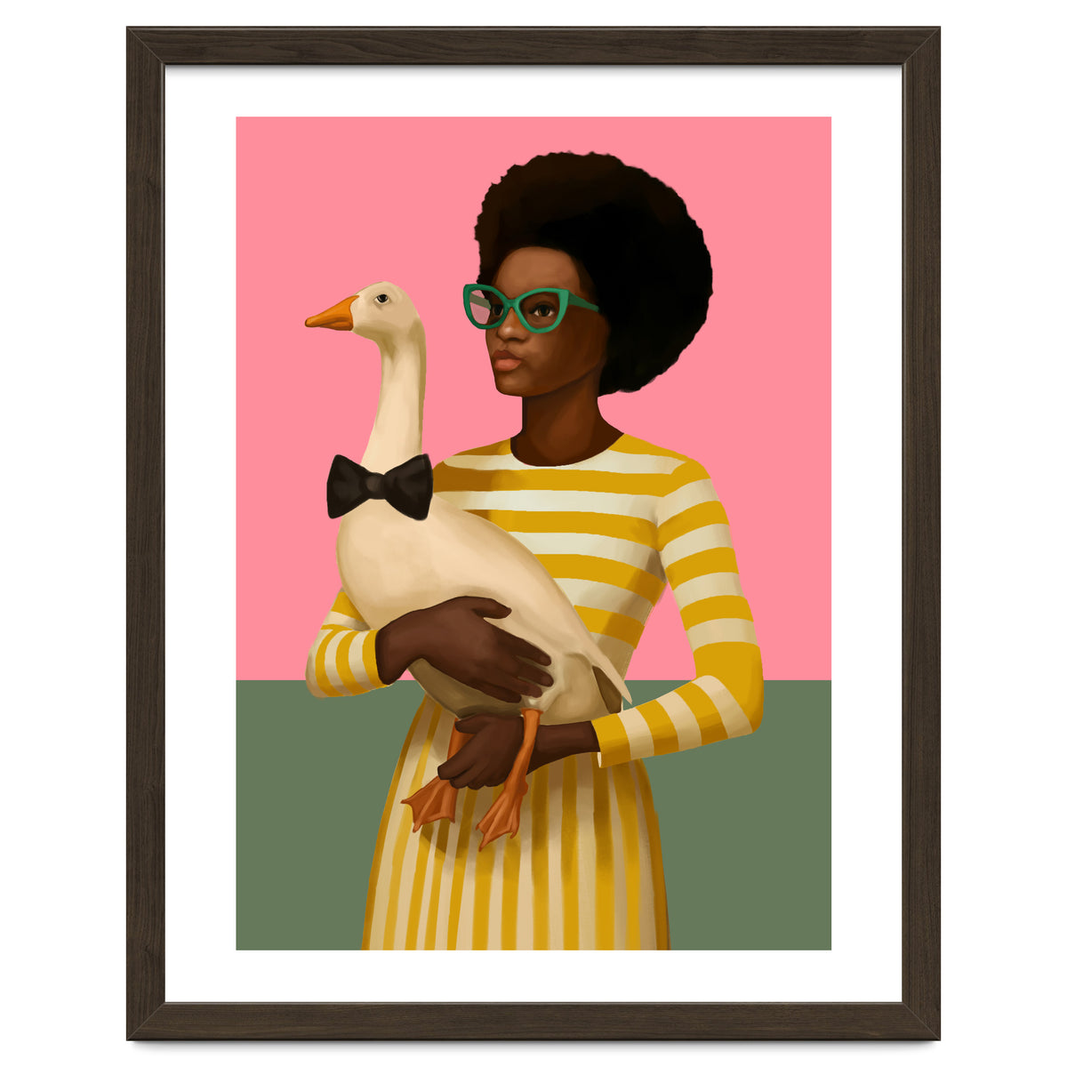 Stylish Woman Holding Goose In Striped Dress
