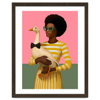 Stylish Woman Holding Goose In Striped Dress