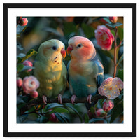 Two Lovebirds Perched On A Branch Near Flowers
