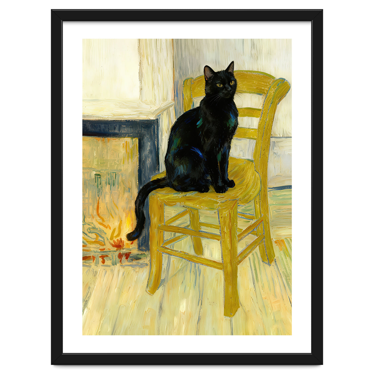 Black Cat on the Yellow Chair, Cozy Van Gogh Vintage Style, Cat at Eternity’s Gate