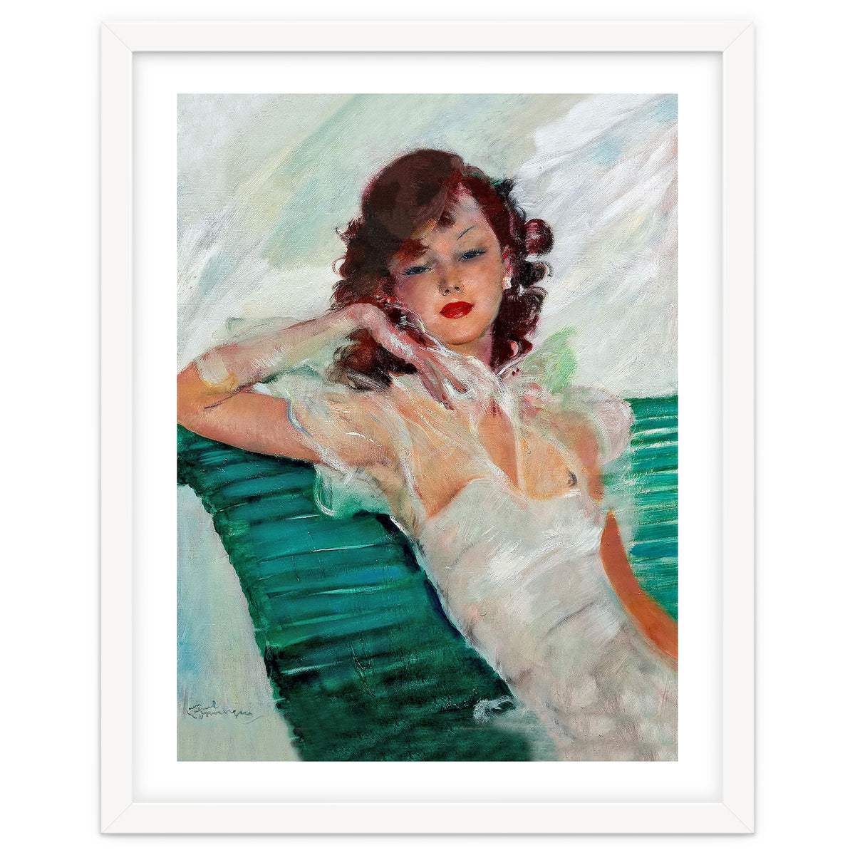 Girl Is Resting On A Green Bench, Watercolor Painting