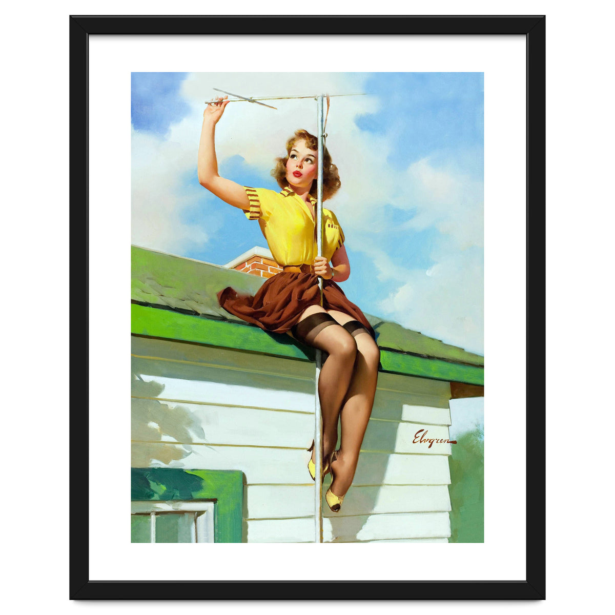 Pinup Sexy Girl Setting Up The Antenna On The Roof