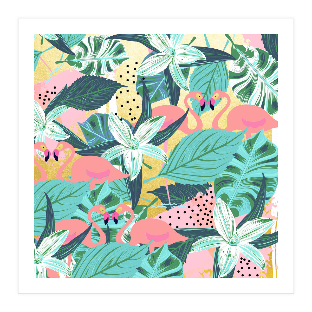 Flamingo Tropical, Colorful Modern Bohemian Eclectic Jungle Graphic Design, Blush Forest Gold Floral (Print Only)