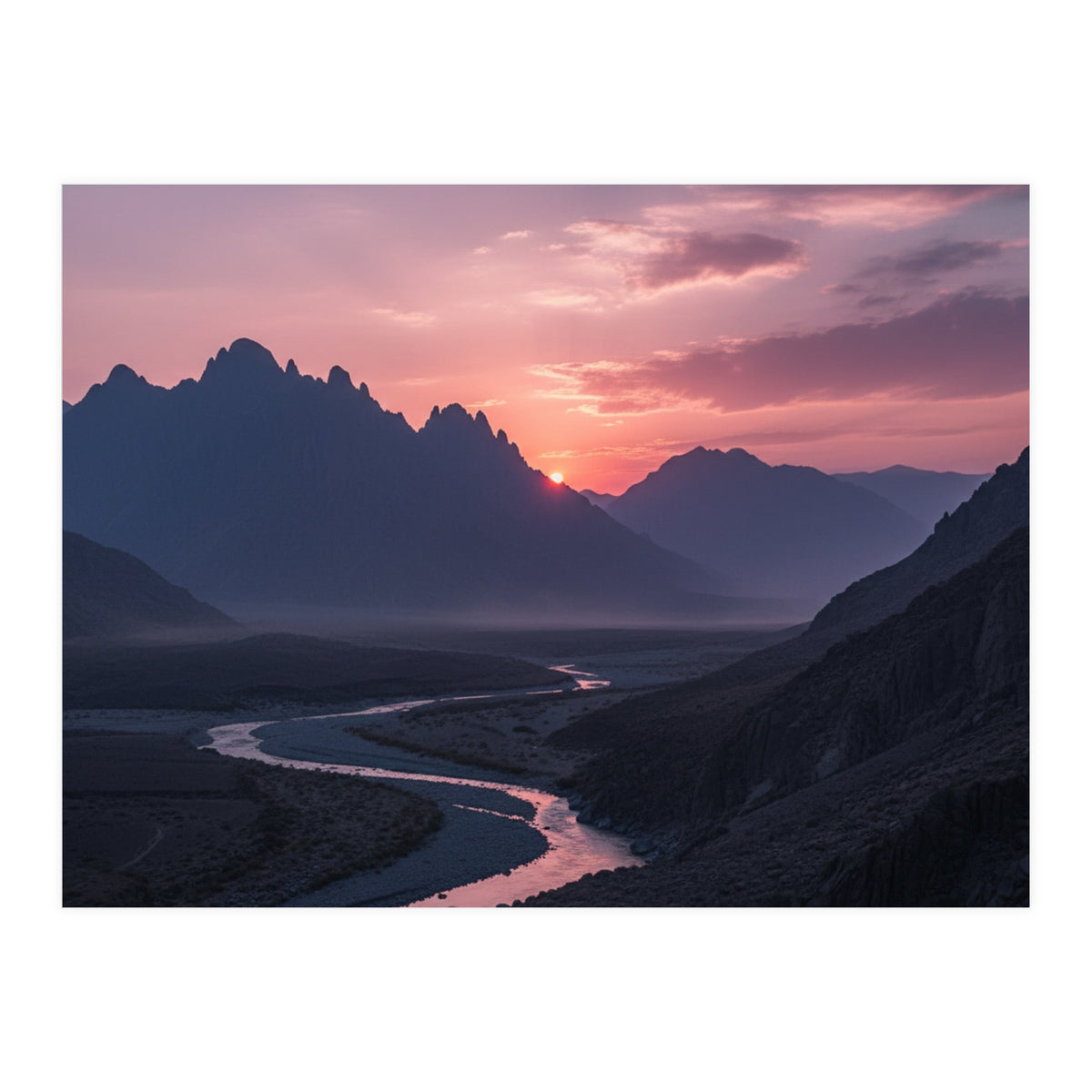 Crimson Sunset Valley: Serene Mountain Vista (Print Only)