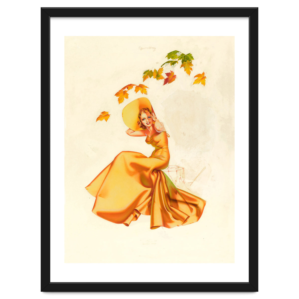 Woman Posing In Yellow Dress And Autumn Leafs