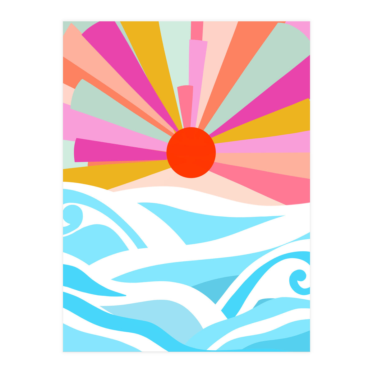 Boho Sunrise, Bohemian Abstract Landscape Nature, Colorful Illustration Ocean Sea Beach Summer, Positive Vibes Mindset (Print Only)