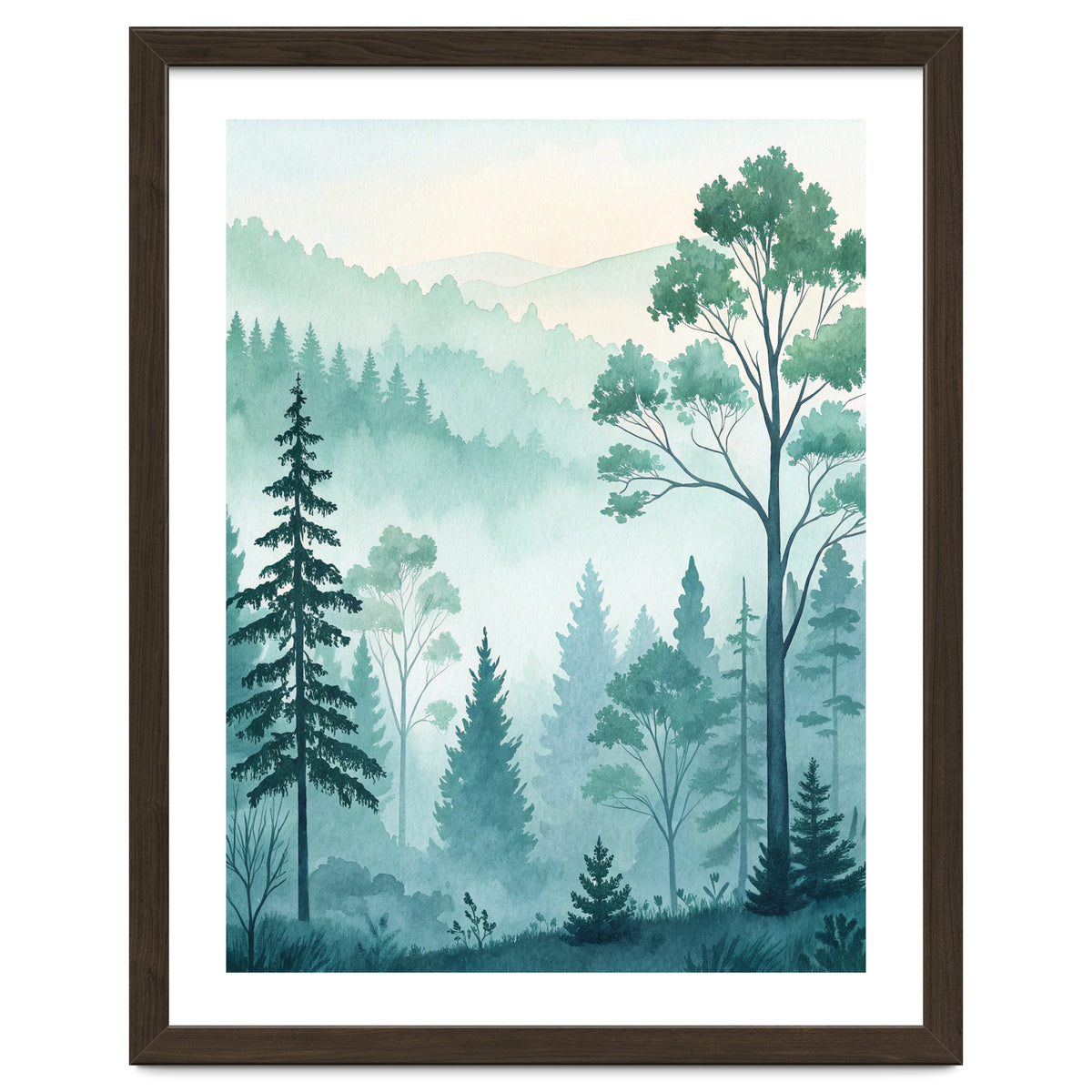 Ethereal Misty Pine Forest Watercolor Art