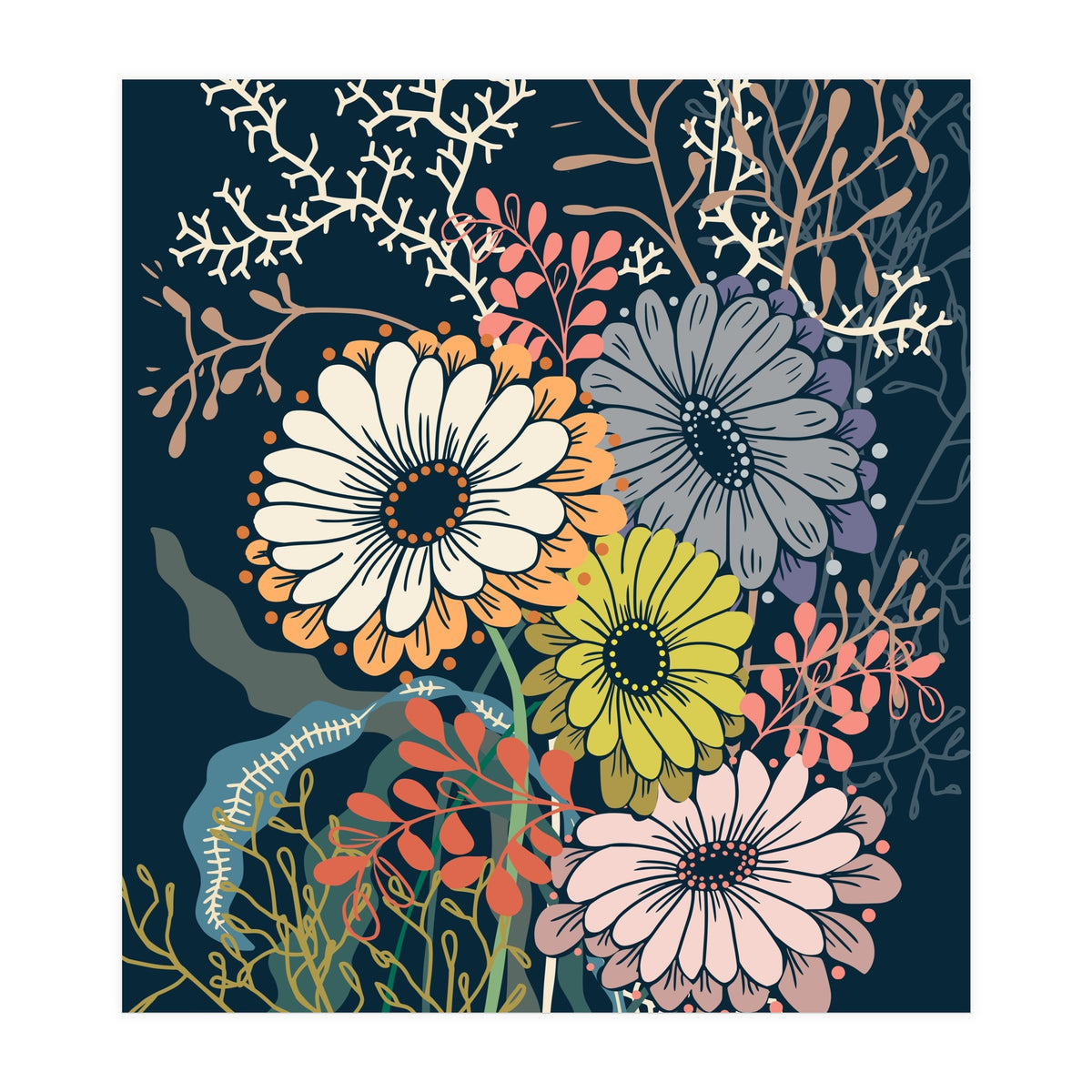 Springtime daisies dark blue (Print Only)