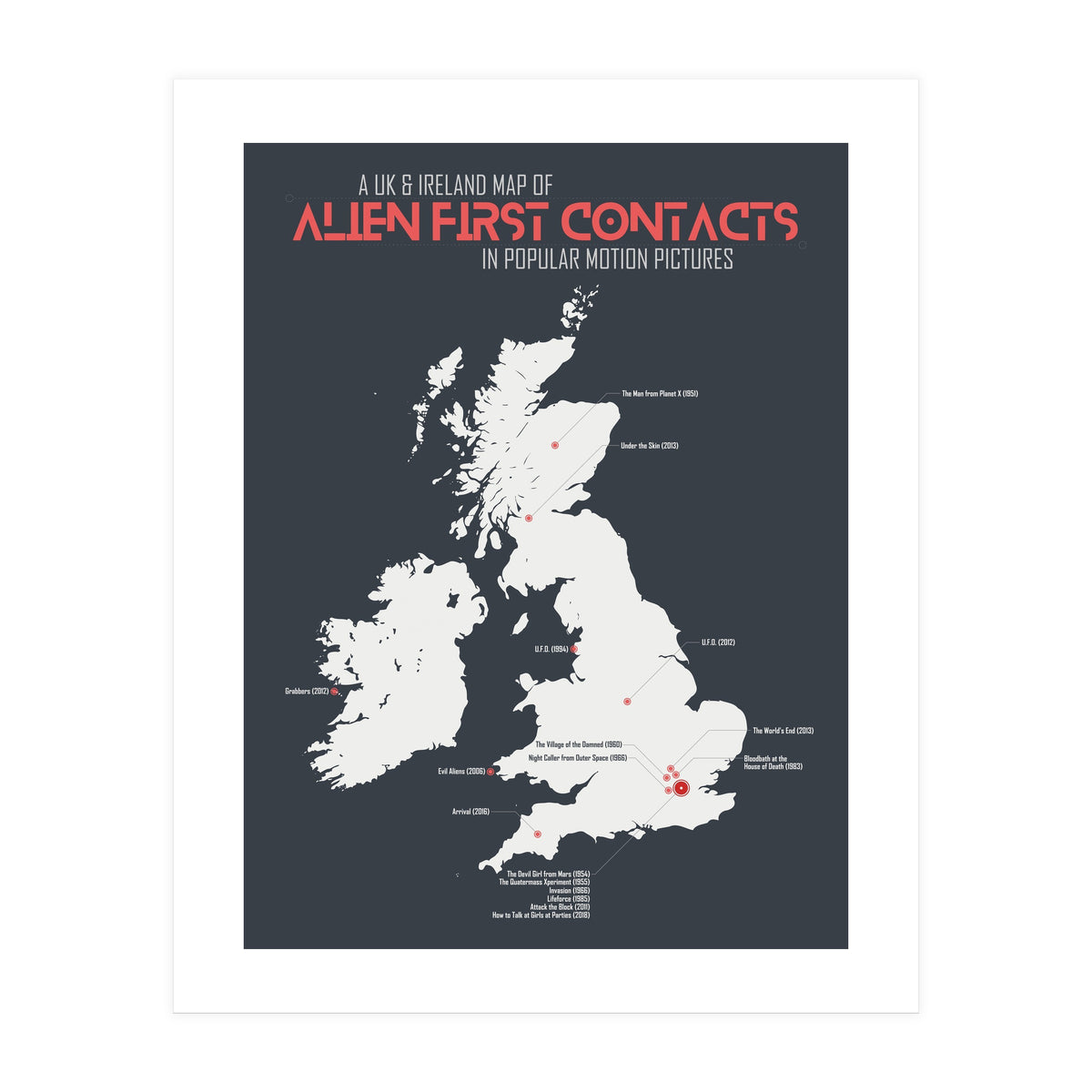 UK & Ireland Map of Alien First Contacts in Movies (Print Only)