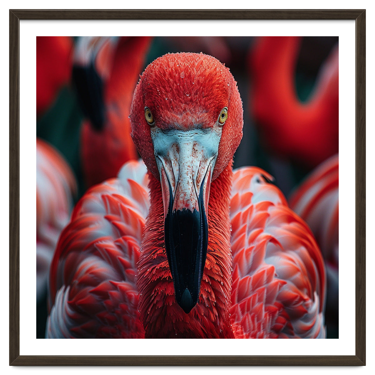 Close Up Flamingo Head With Bright Red Feathers