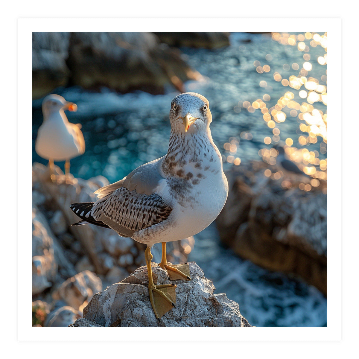 Seagull Standing On Rocks Near Water (Print Only)