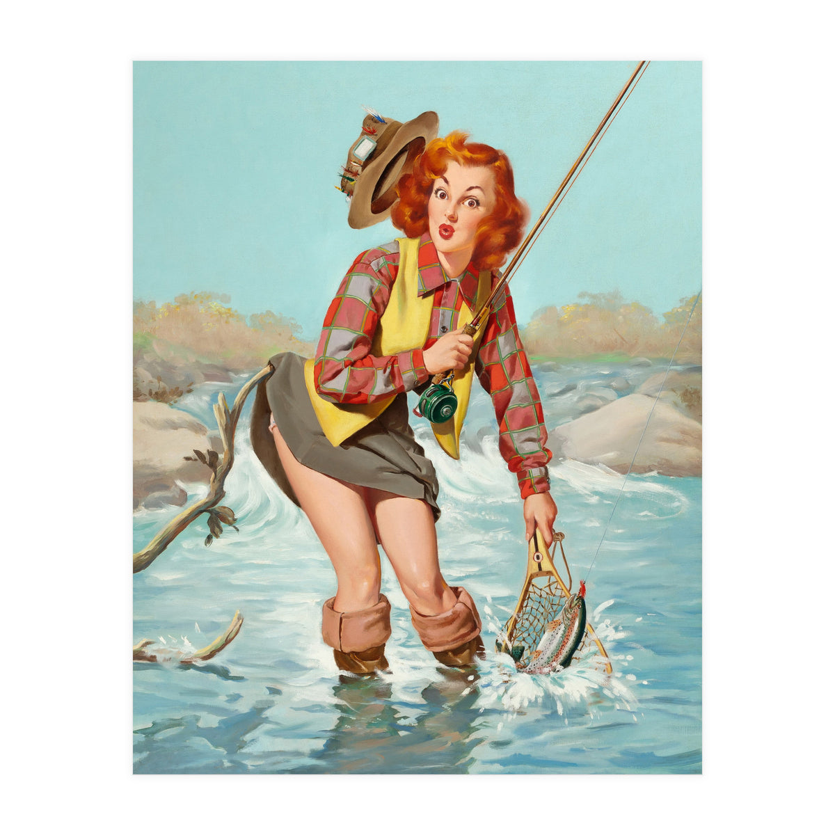 Sexy Pinup Girl On Fishing Accident (Print Only)