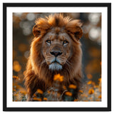 Majestic Lion Among Golden Flowers Close Up thumbnail