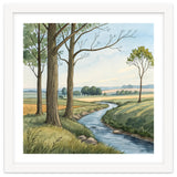 Pastoral Countryside Watercolor Painting with Winding Stream Meadows and Deciduous Trees Landscape thumbnail