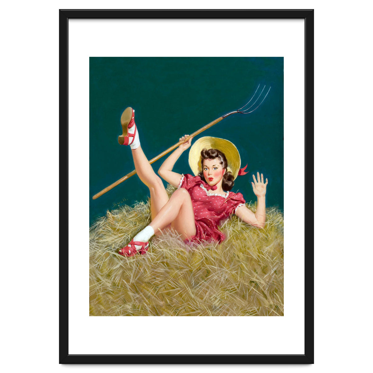 Pinup Sexy Girl Posing On A Hay With A Pitchfork