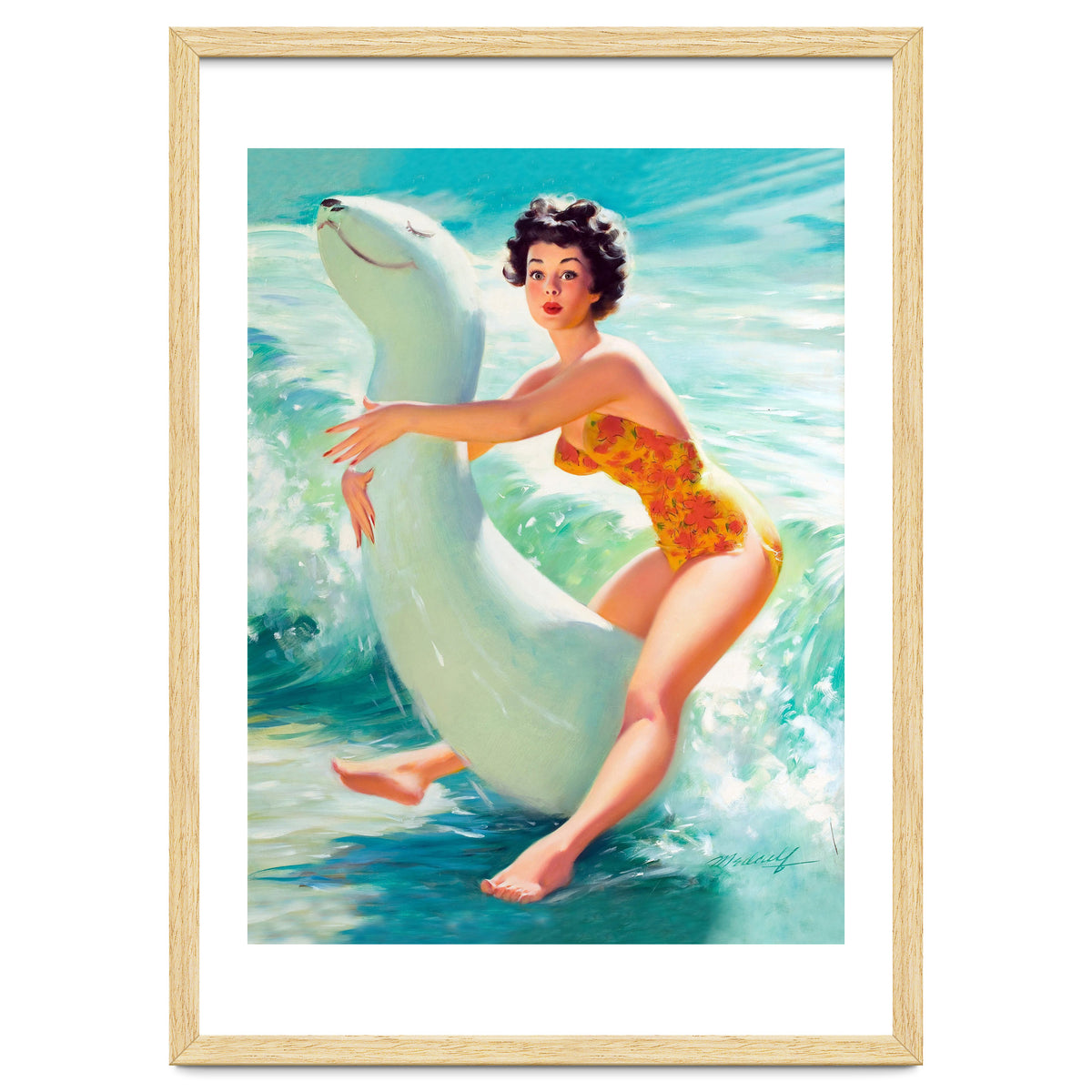 Happy Pinup Girl On The Beach Hugging Her Rubber Toy