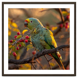 Green Parrot Perched On A Branch With Berries thumbnail