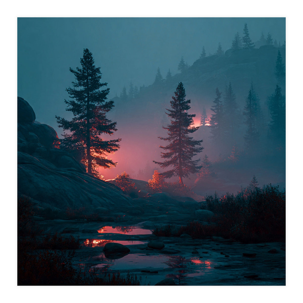 Atmospheric Twilight Pine Forest with Glowing Crimson Light (Print Only)