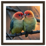Two Lovebirds Perched On A Branch At Sunset thumbnail