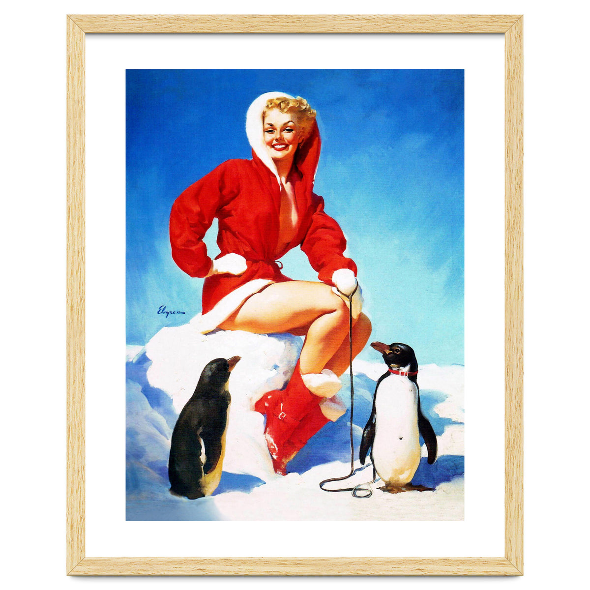 Pinup Sexy Woman Posing With Two Penguins