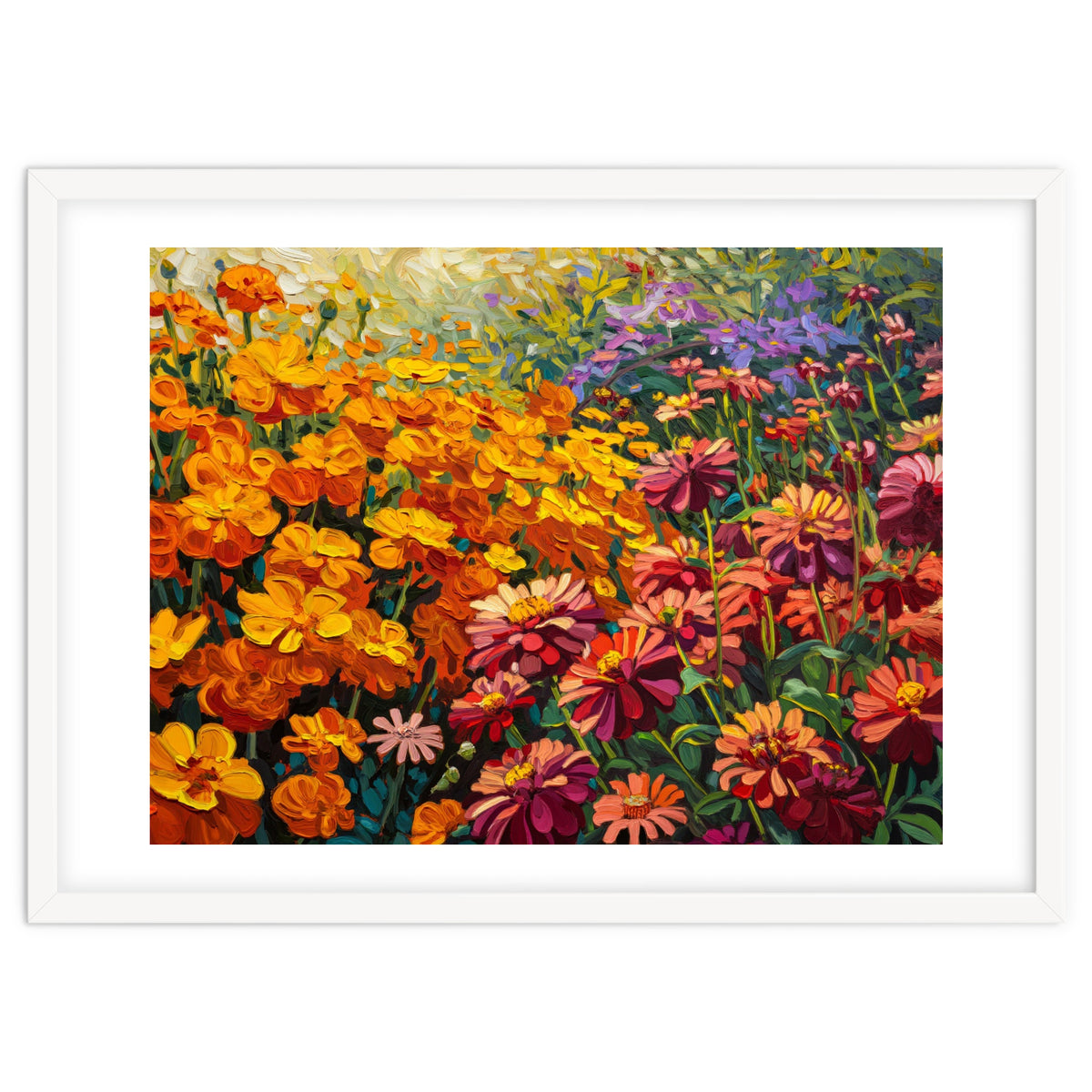 Radiant Summer Zinnia and Marigold Meadow Oil Painting