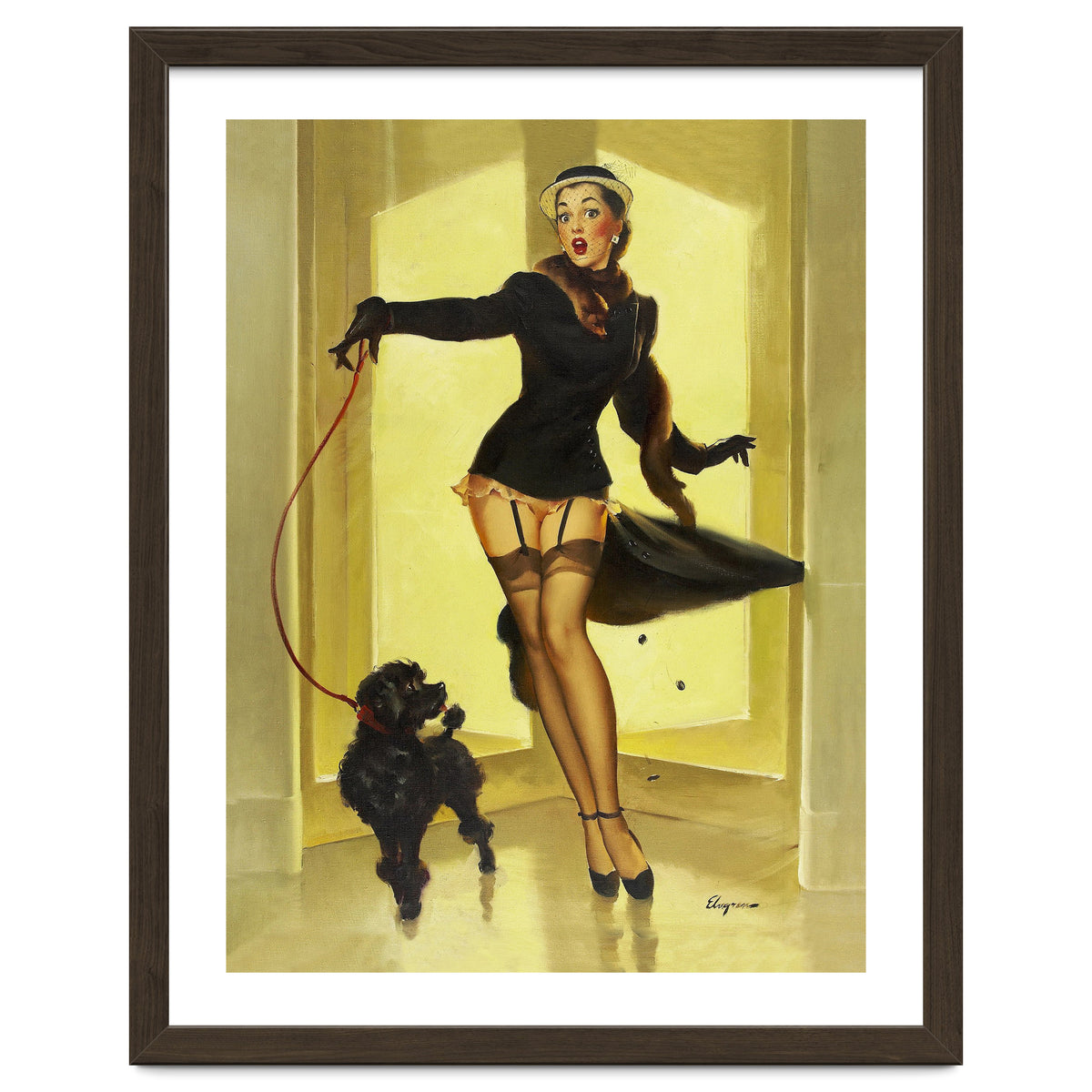 Pinup Girl In Black Dress On A Hall Experiencing Sudden Wind