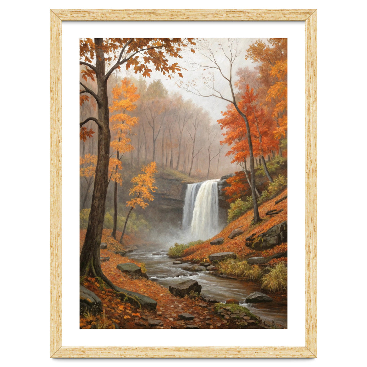 Serene Autumn Waterfall in Misty Forest