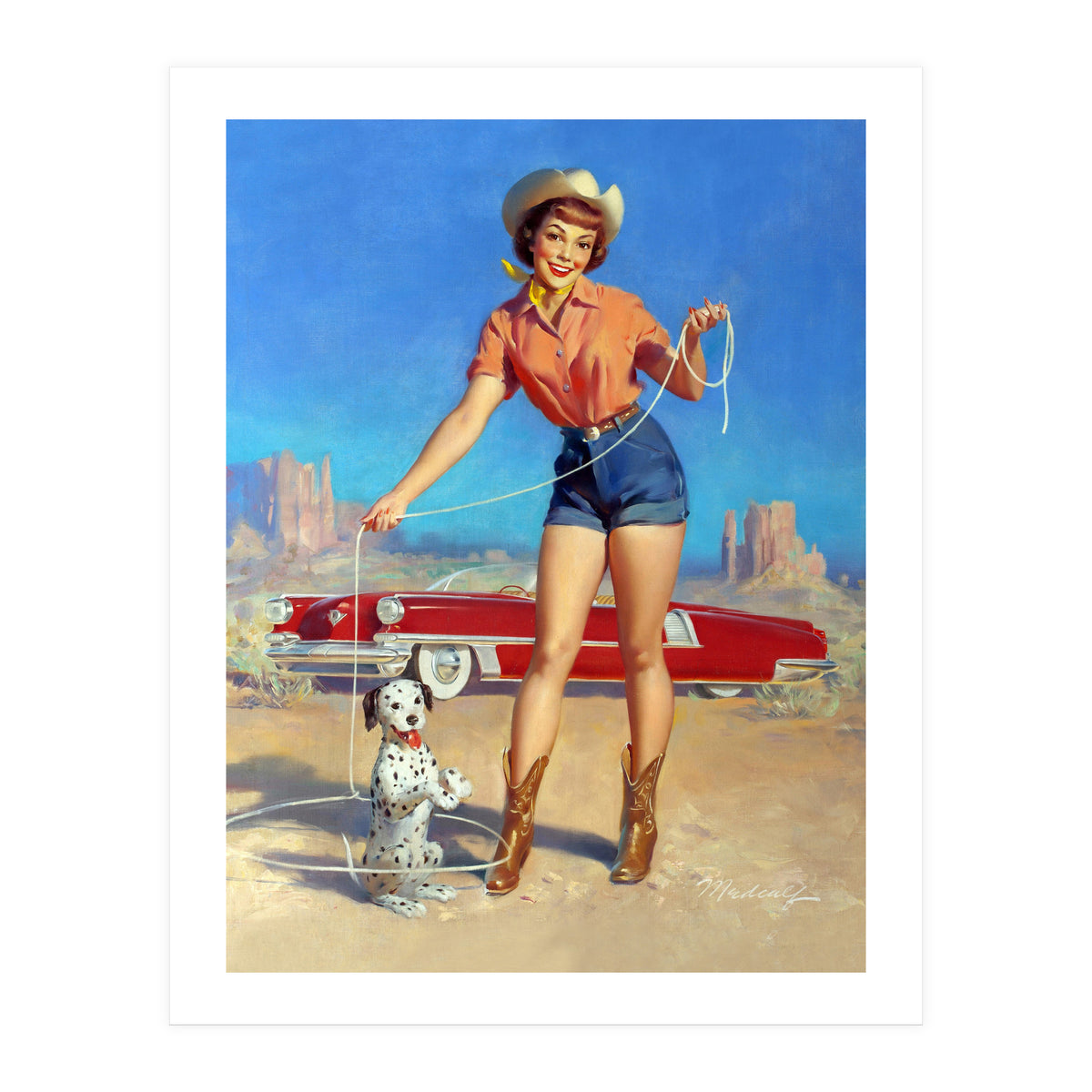 Pinup Cowgirl Showing A New Dog Trick (Print Only)