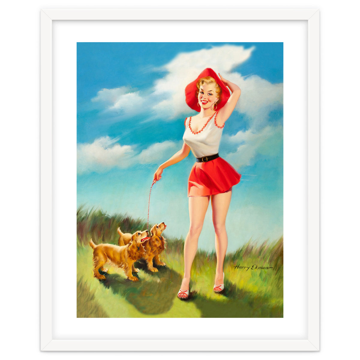 Pinup Girl In Little Red Dress And Two Dogs