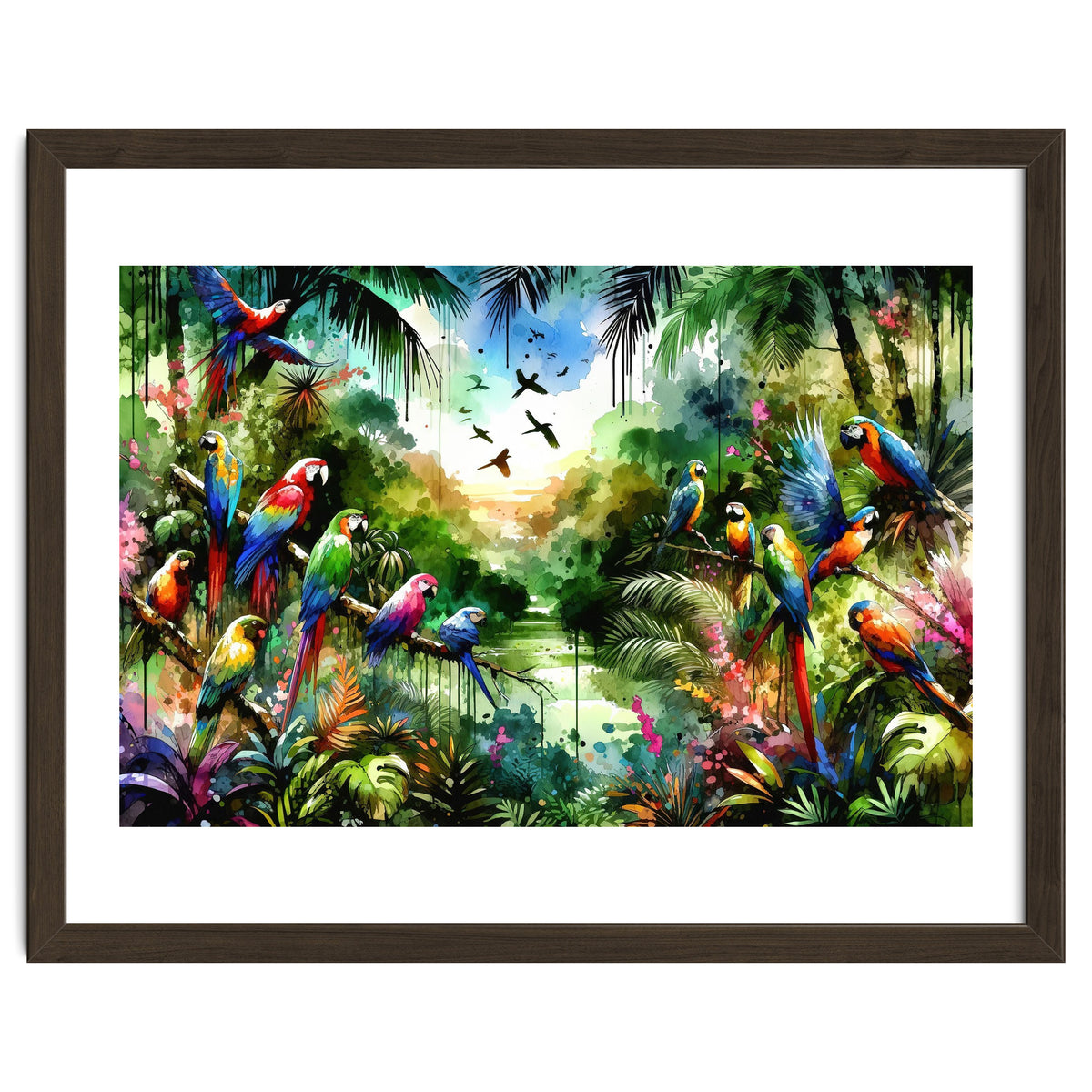 Watercolor Tropical Birds In The Jungle