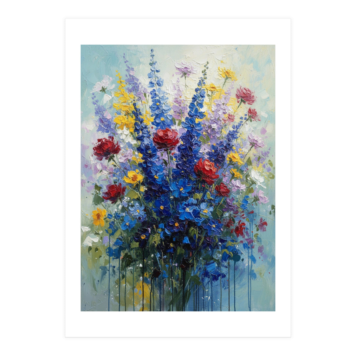 Vibrant Blue Delphinium and Red Rose Heavy Impasto Oil Painting (Print Only)