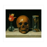 Vanitas, allegory of fleeting time with skull and hour-glass. Oil on canvas. (Print Only) thumbnail