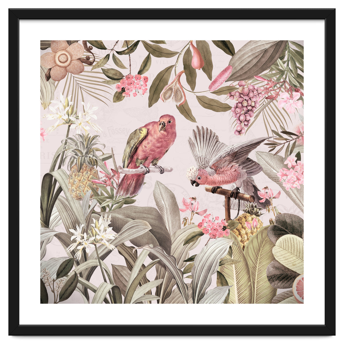 Colorful Parrots In Flower And Fruit Tropical Jungle