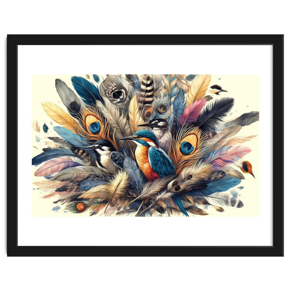 Kingfisher And Songbirds In Peacock Feathers