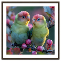 Two Lovebirds On A Branch Surrounded By Berries