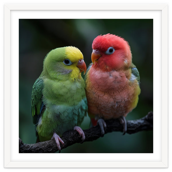 Two Lovebirds Sitting Together On A Branch