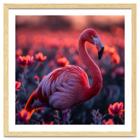 Pink Flamingo Bird Standing Among Flowers At Sunset