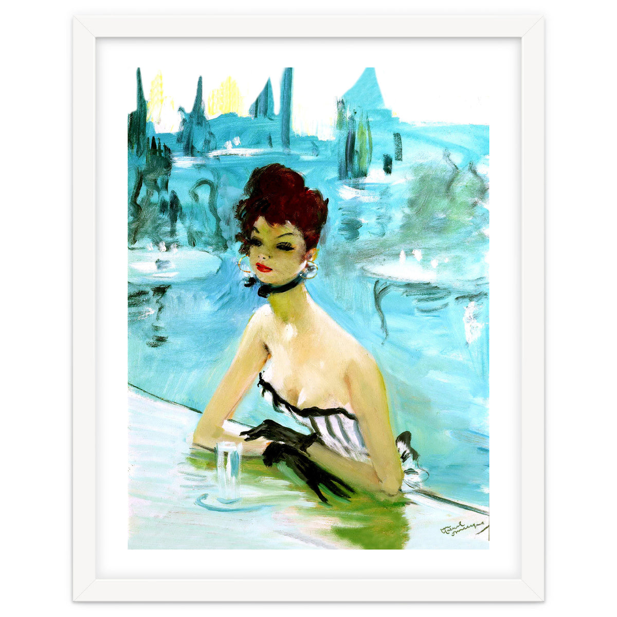 Pinup Girl In Cafe, Watercolor Painting