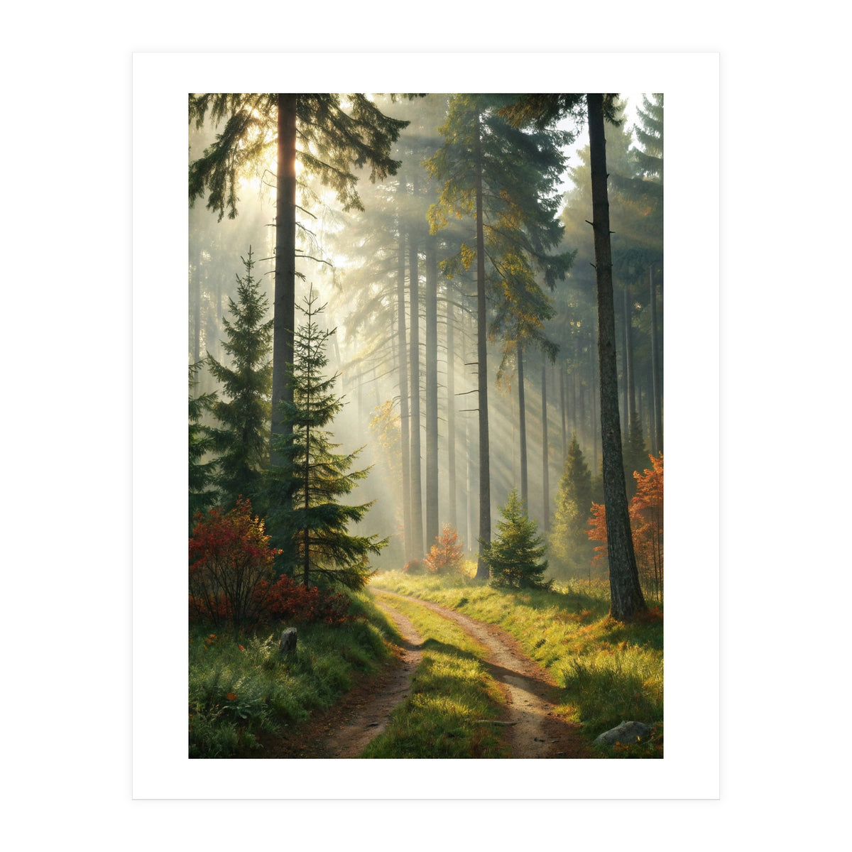The Golden Path: Ethereal Sunbeams Piercing Through a Misty Evergreen Forest at Dawn (Print Only)