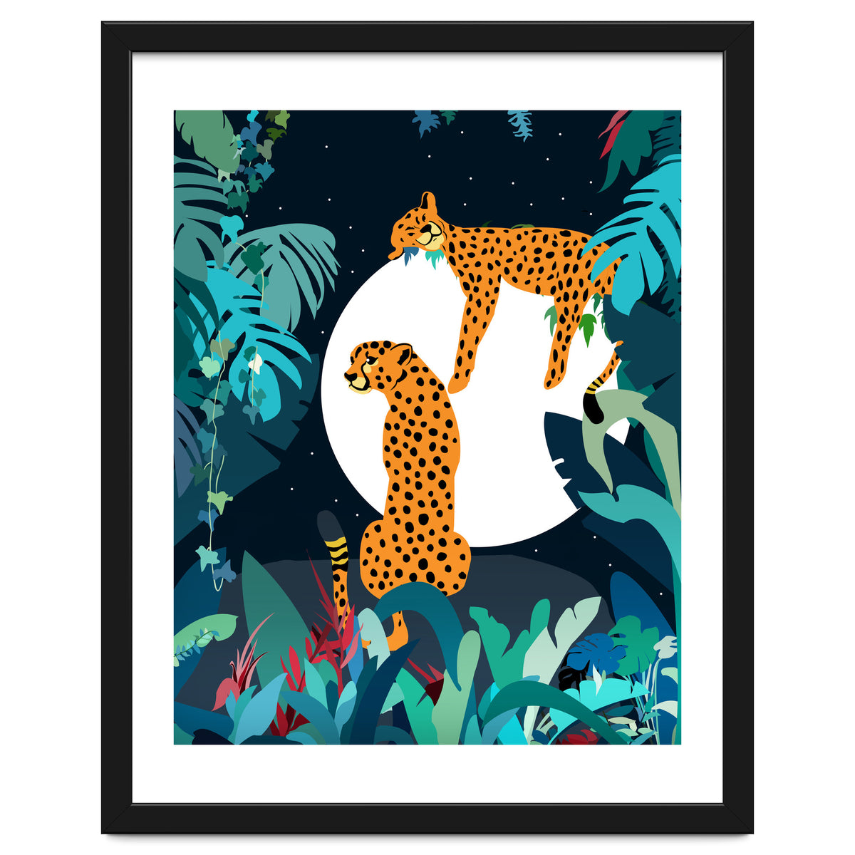 Over The Moon, Leopard In Love, Jungle Wildlife Tropical Tiger Botanical, Nature Cat Dark Animals