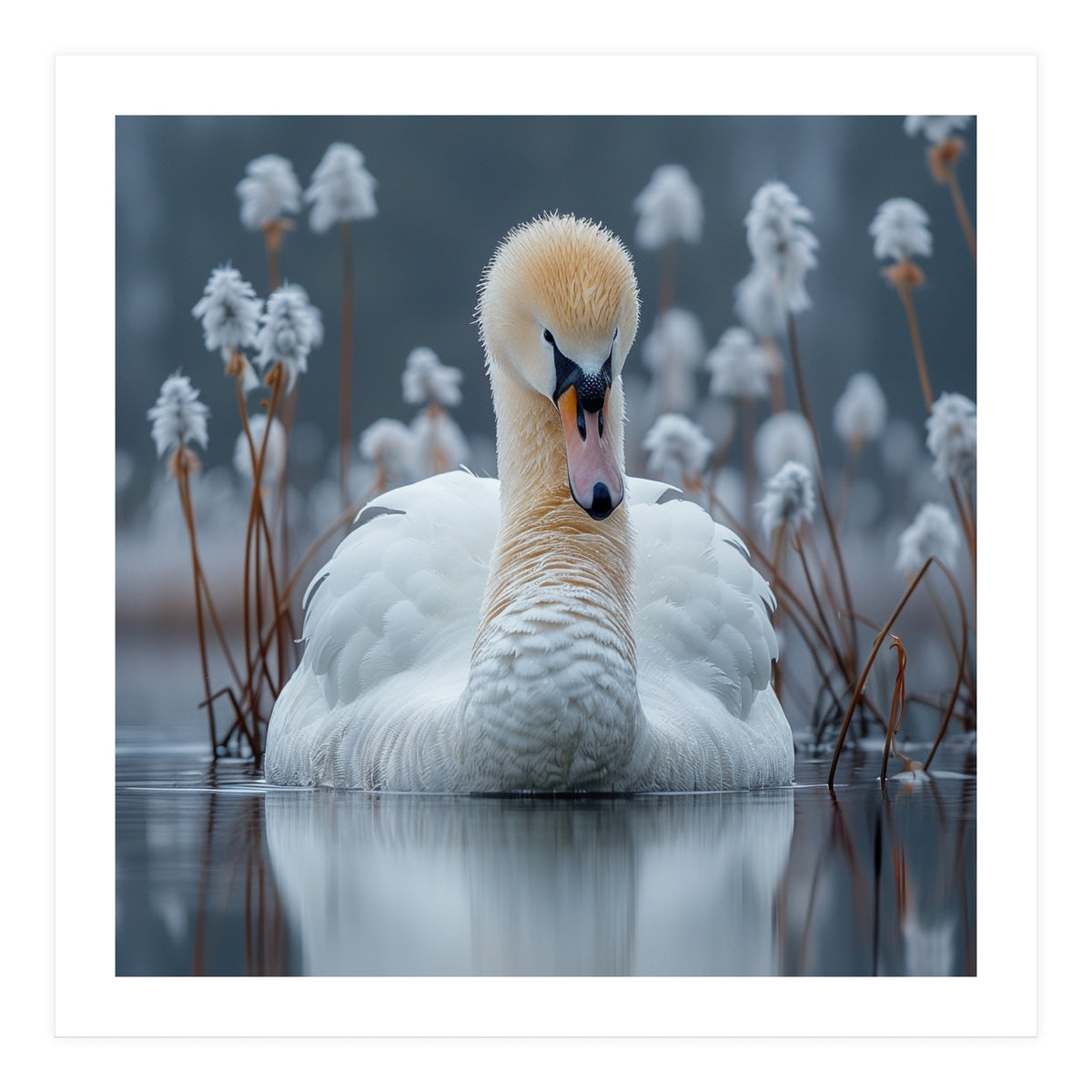 Swan Floating Serene On Calm Water (Print Only)