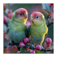 Two Lovebirds On A Branch Surrounded By Berries (Print Only)