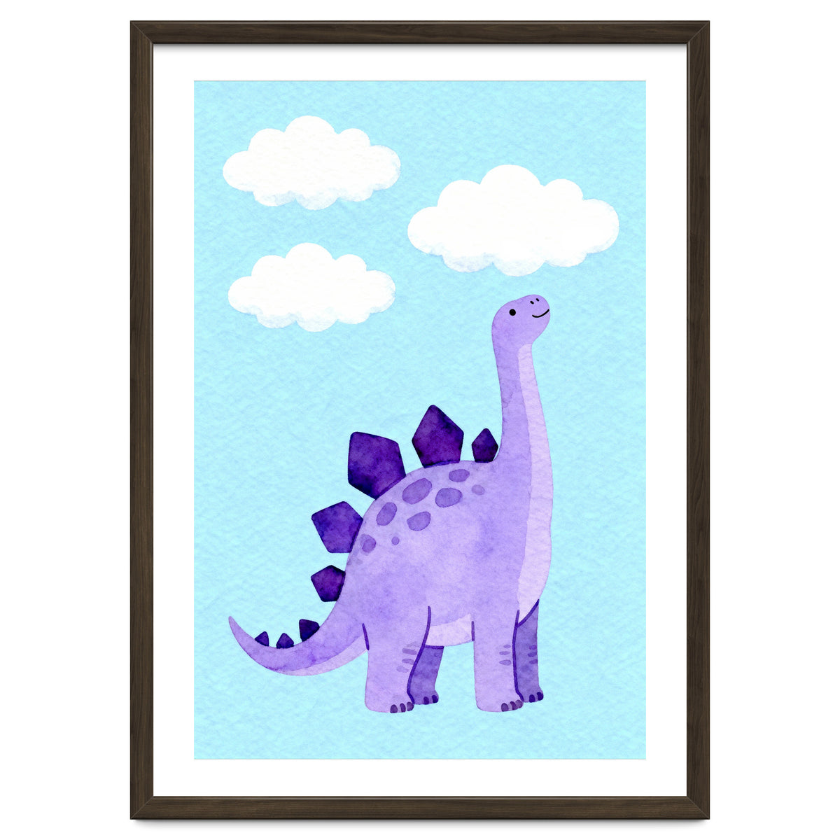 Purple Stegosaurus Watercolor Art, Cute Dinosaur Nursery Print, Dino and Clouds Illustration