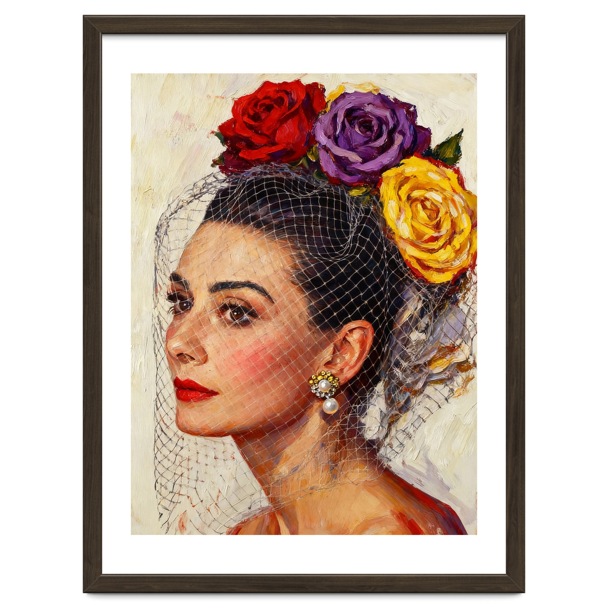 Audrey Hepburn, Impasto Floral Veil Portrait, Classic Hollywood Oil Painting,