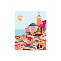 Crimson Rouge, Colorful Architecture Buildings, Greece Cityscape Skyline, Seagull Travel Summer Eclectic Bohemian Pop Of Color Positivity (Print Only)
